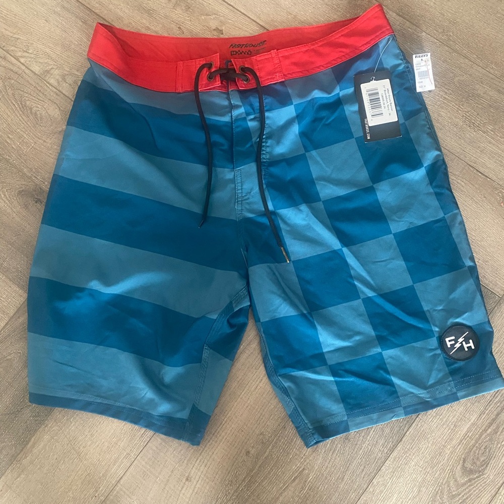 Fast house Men's Red and Blue Checkered Board Shorts NWT